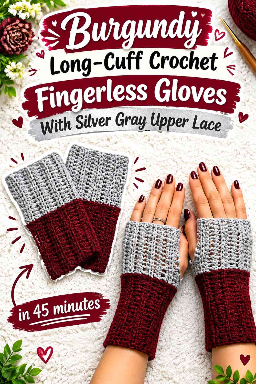 Burgundy Long-Cuff Crochet Fingerless Gloves With Silver Gray Upper Lace