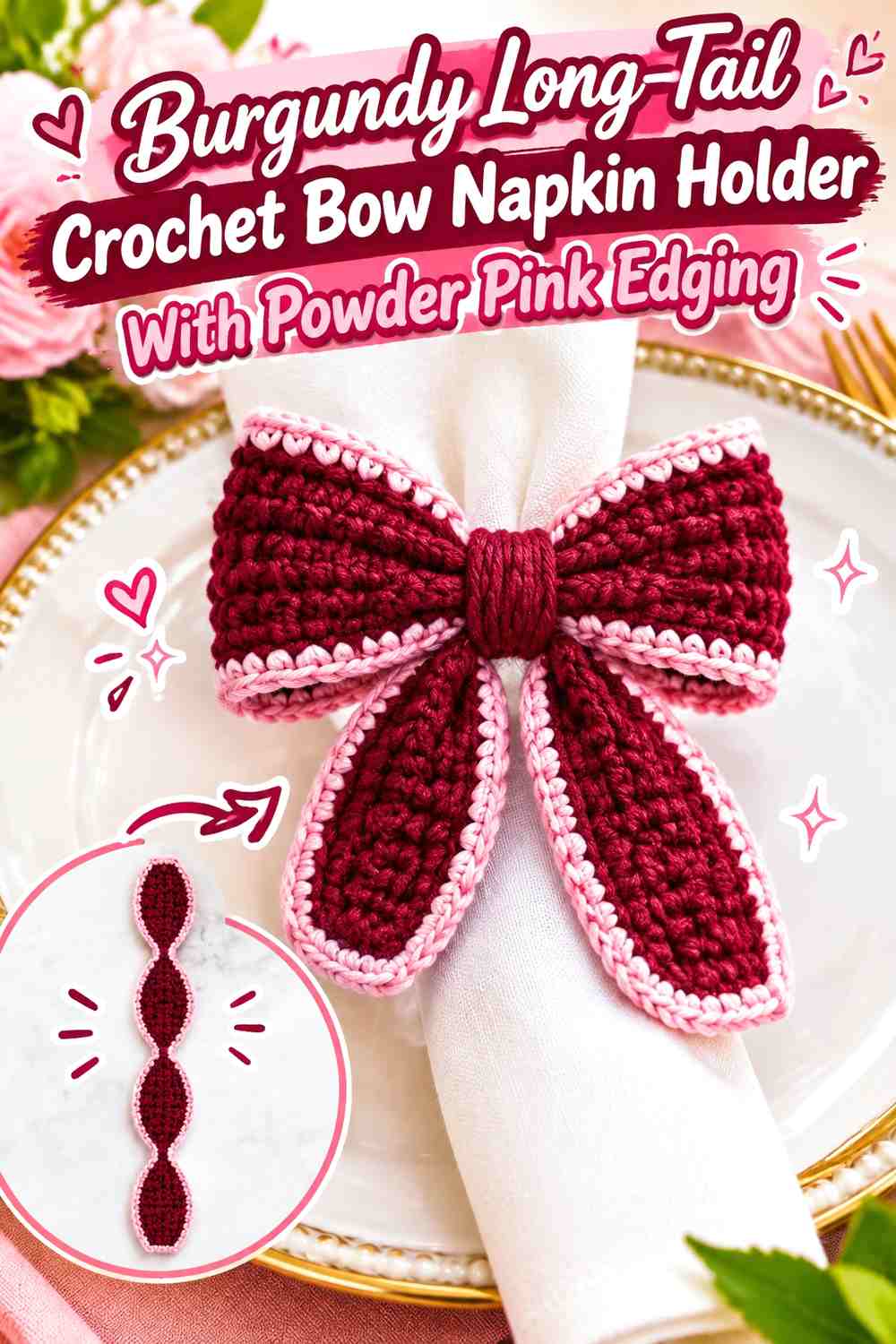 Burgundy Long-Tail Crochet Bow Napkin Holder With Powder Pink Edging