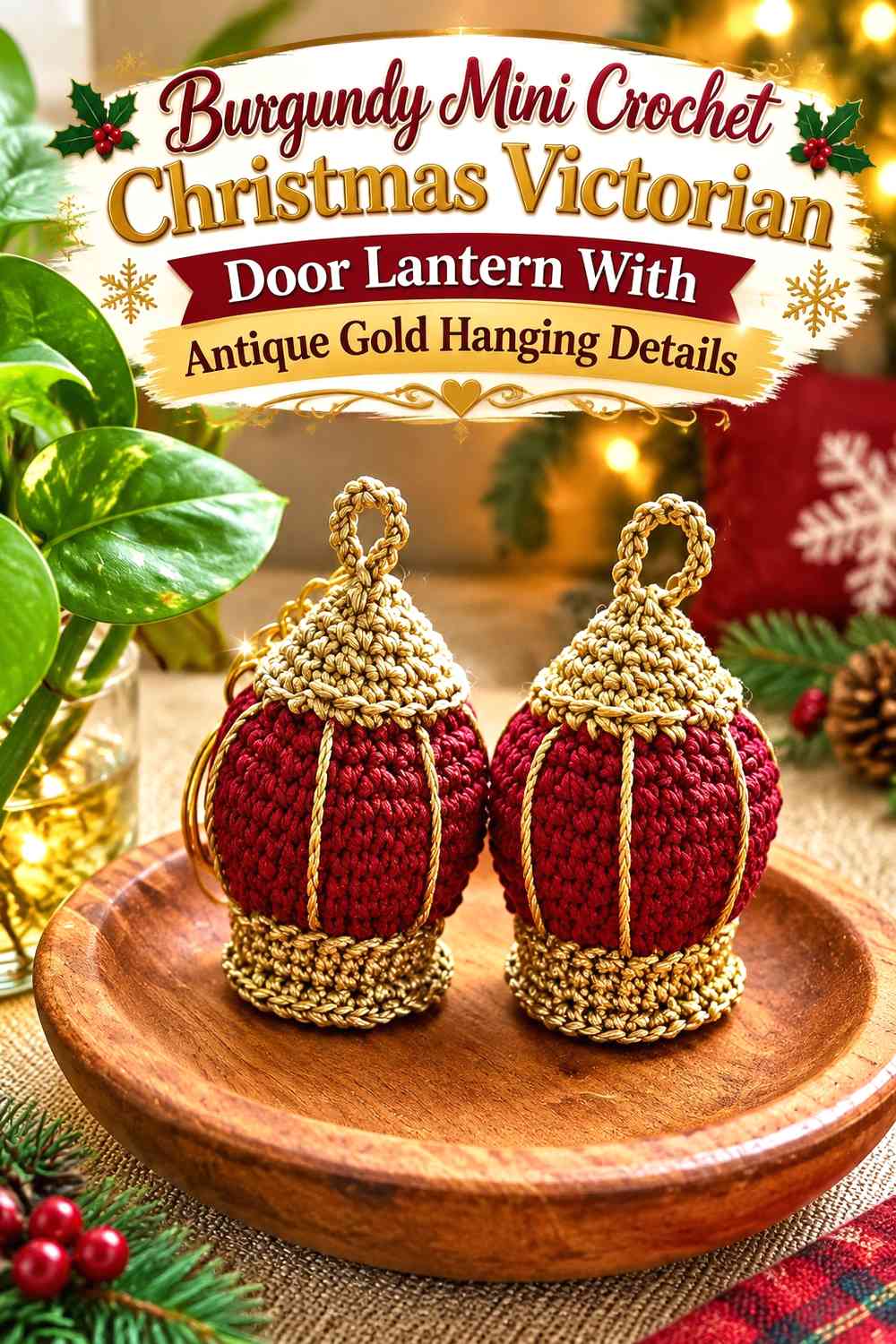 Burgundy Mini Crochet Christmas Victorian Door Lantern With Antique Gold Hanging Details