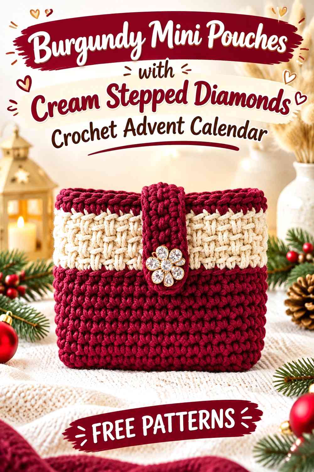 Burgundy Mini Pouches with Cream Stepped Diamonds Crochet Advent Calendar