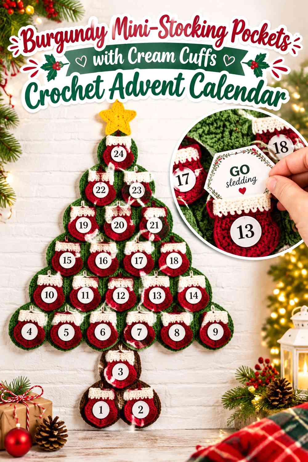 Burgundy Mini-Stocking Pockets with Cream Cuffs Crochet Advent Calendar