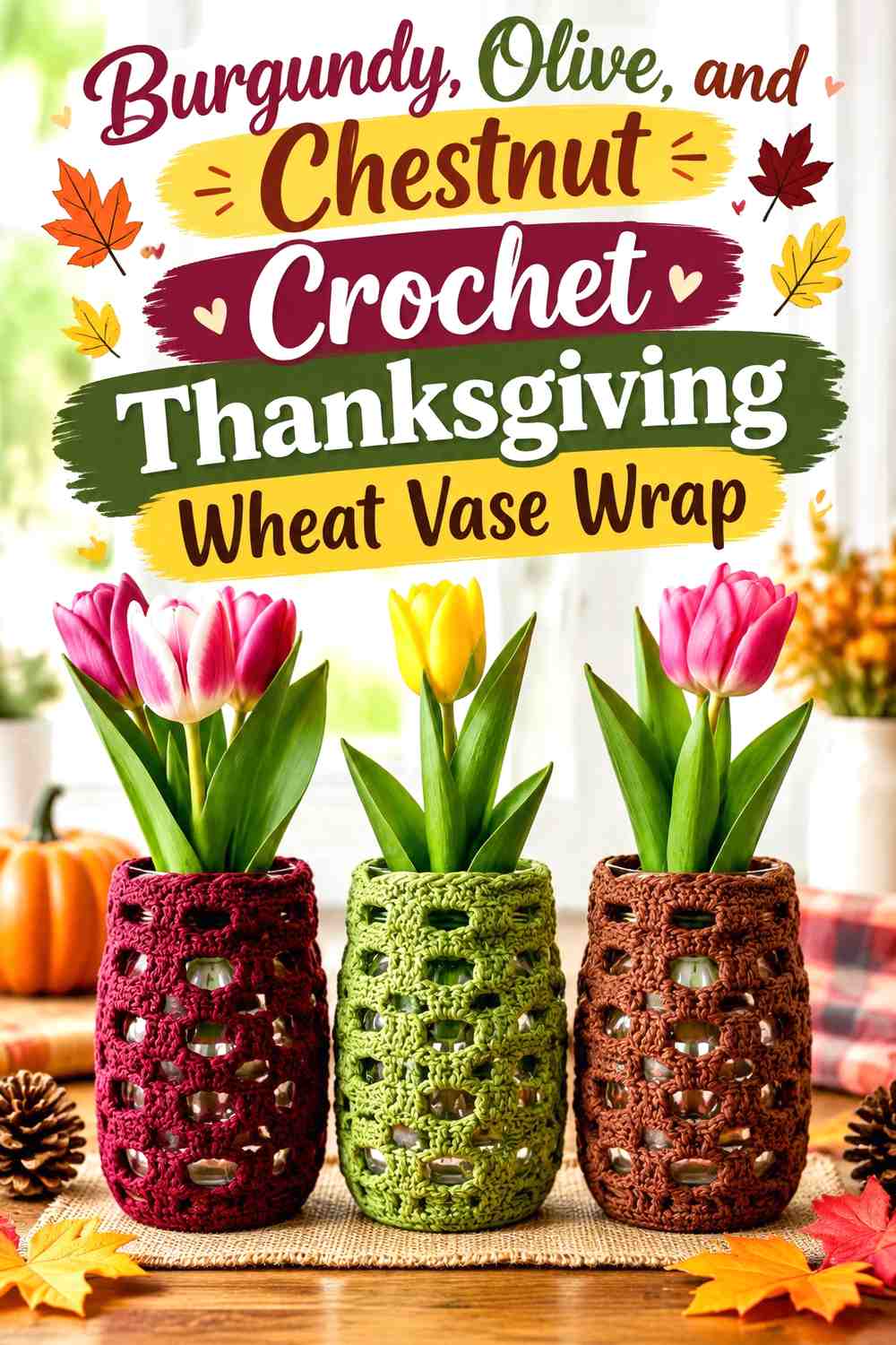 Burgundy, Olive, and Chestnut Crochet Thanksgiving Wheat Vase Wrap