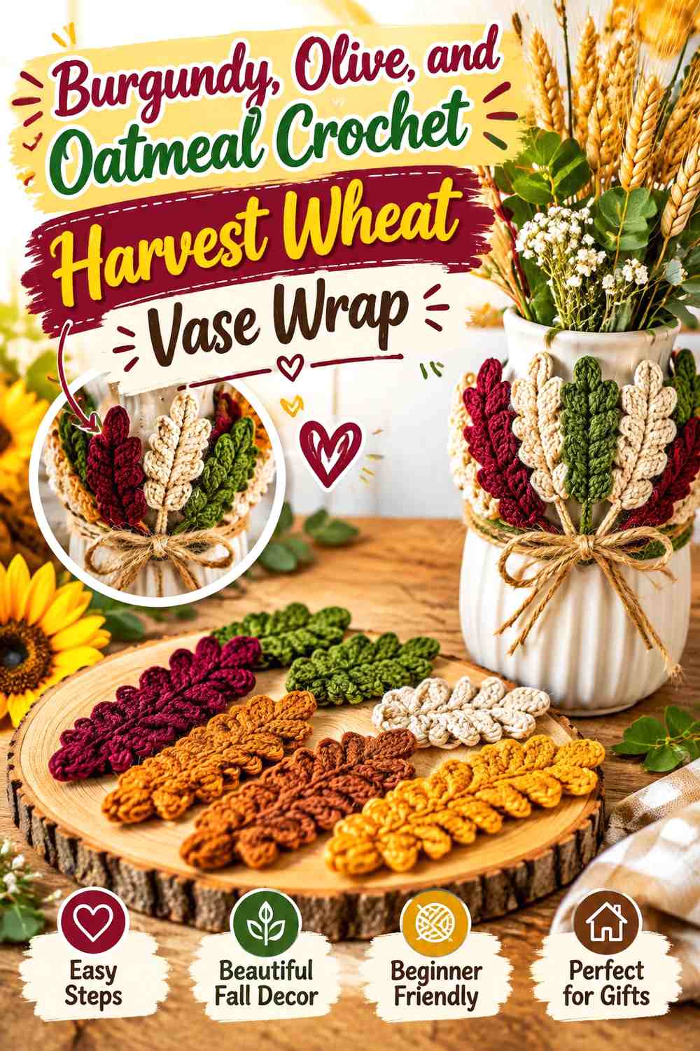 Burgundy, Olive, and Oatmeal Crochet Harvest Wheat Vase Wrap