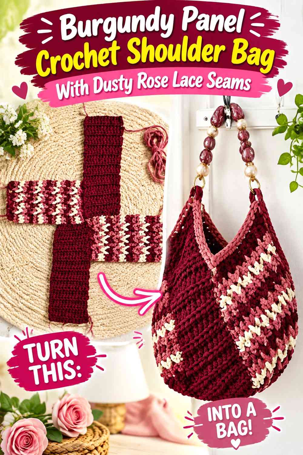 Burgundy Panel Crochet Shoulder Bag With Dusty Rose Lace Seams