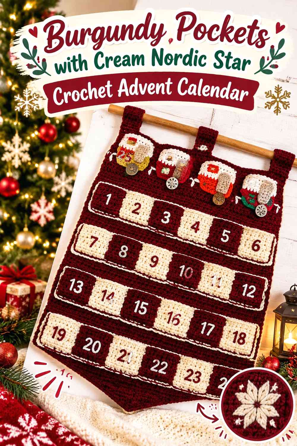 Burgundy Pockets with Cream Nordic Star Crochet Advent Calendar