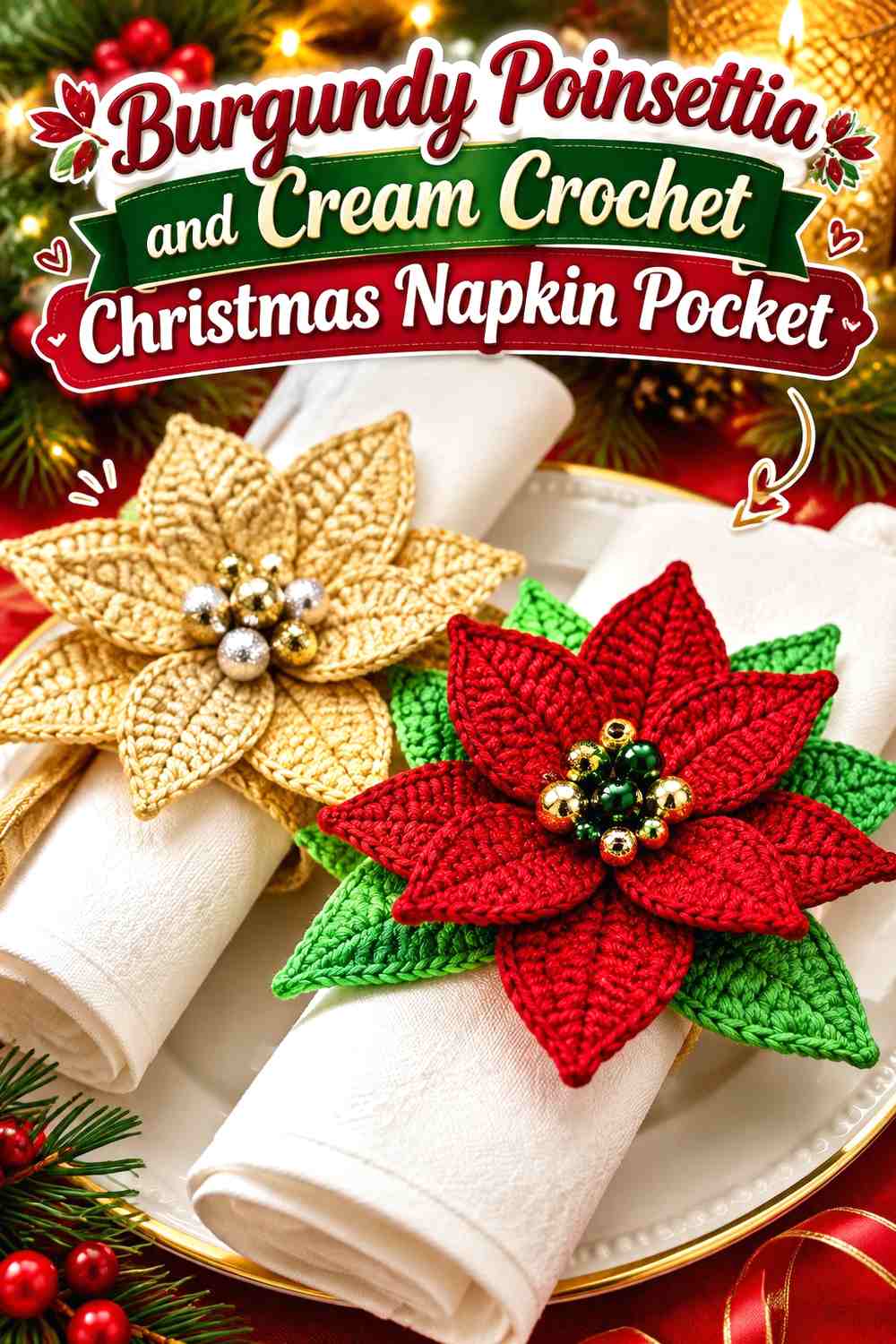 Burgundy Poinsettia and Cream Crochet Christmas Napkin Pocket