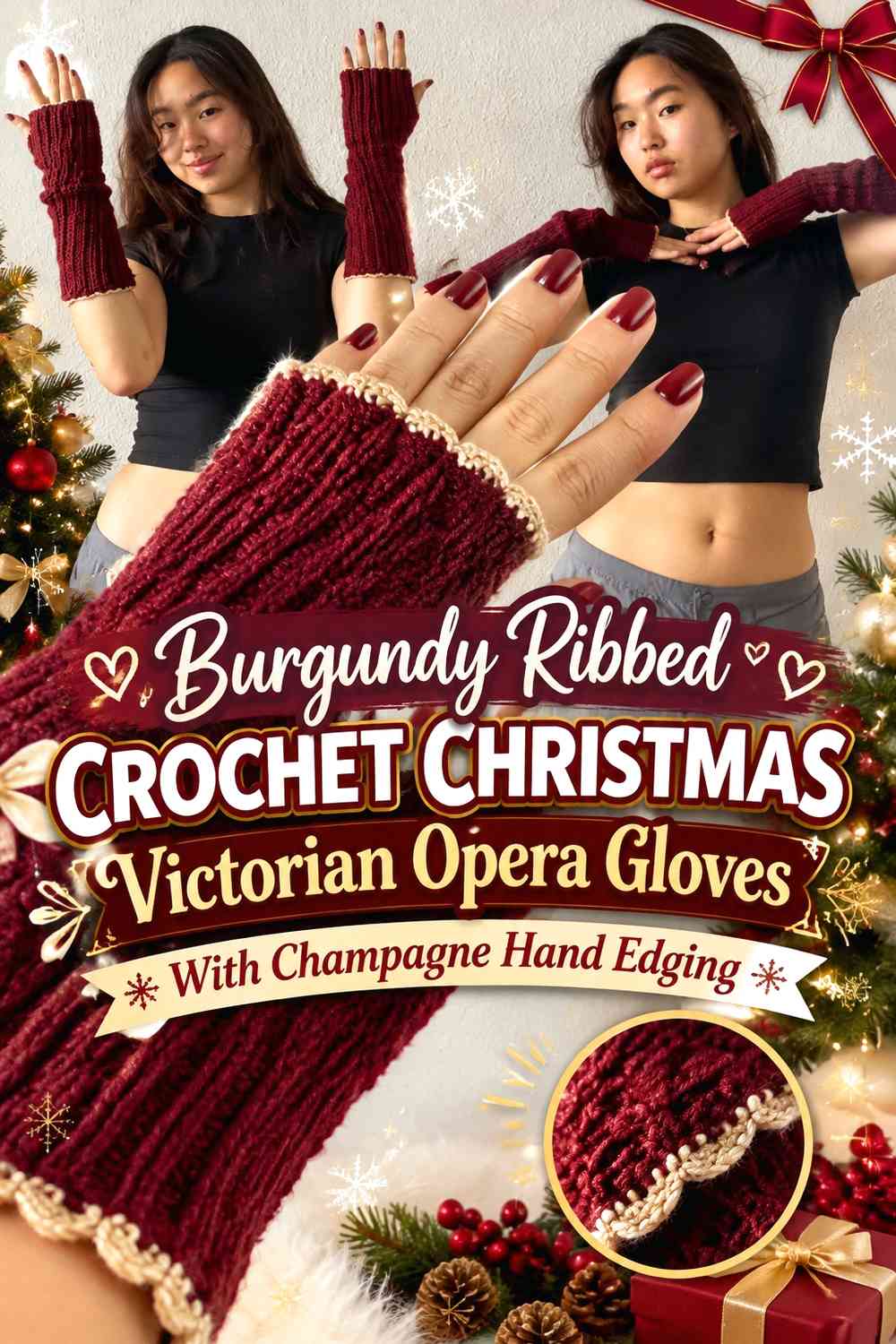 Burgundy Ribbed Crochet Christmas Victorian Opera Gloves With Champagne Hand Edging