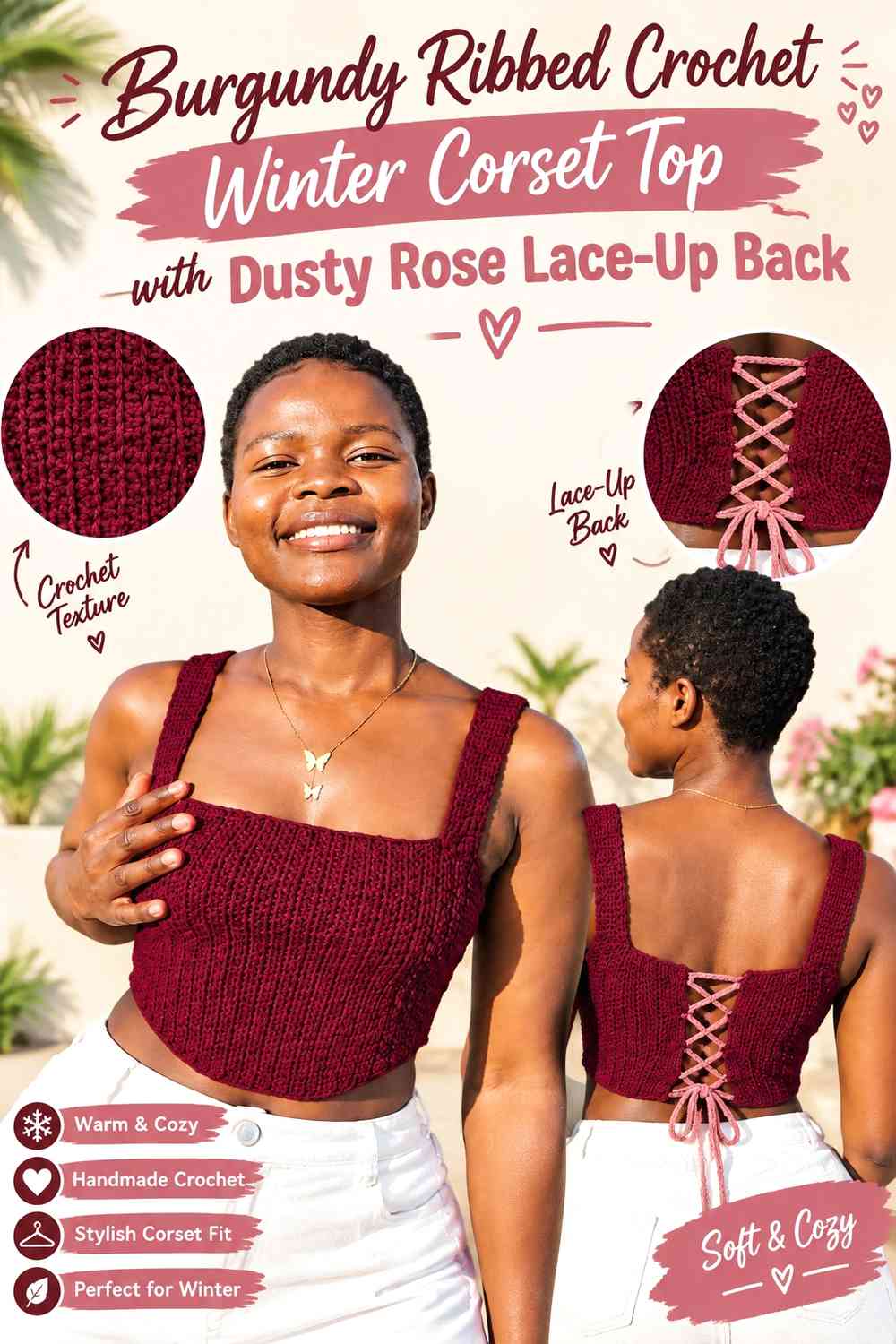 Burgundy Ribbed Crochet Winter Corset Top with Dusty Rose Lace-Up Back