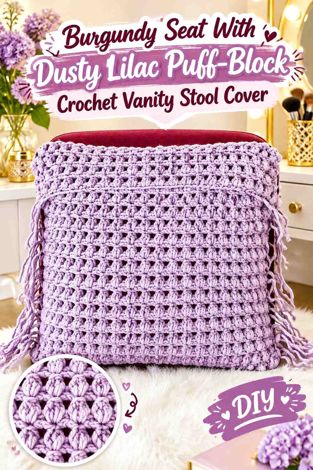 Burgundy Seat With Dusty Lilac Puff-Block Crochet Vanity Stool Cover