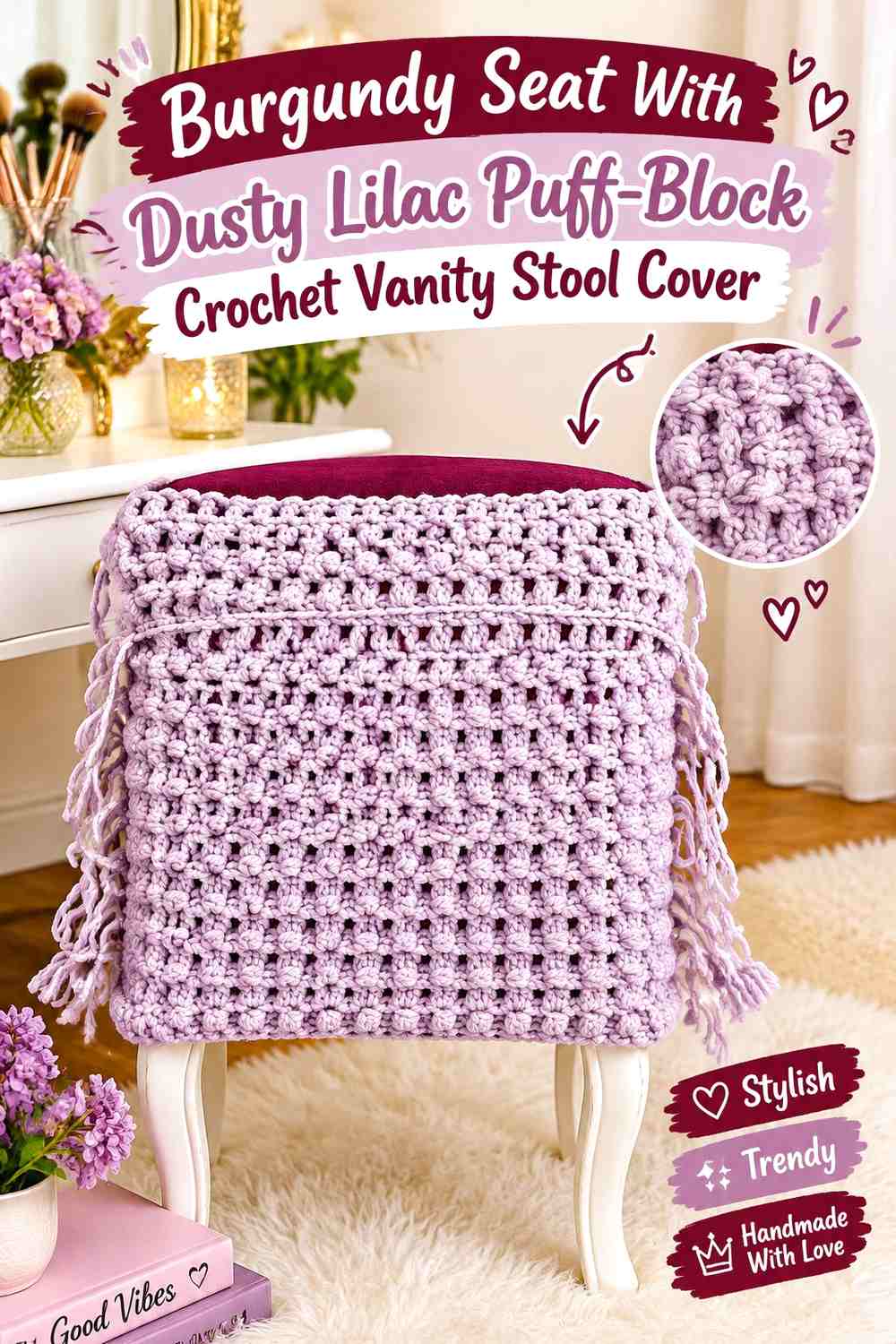 Burgundy Seat With Dusty Lilac Puff-Block Crochet Vanity Stool Cover