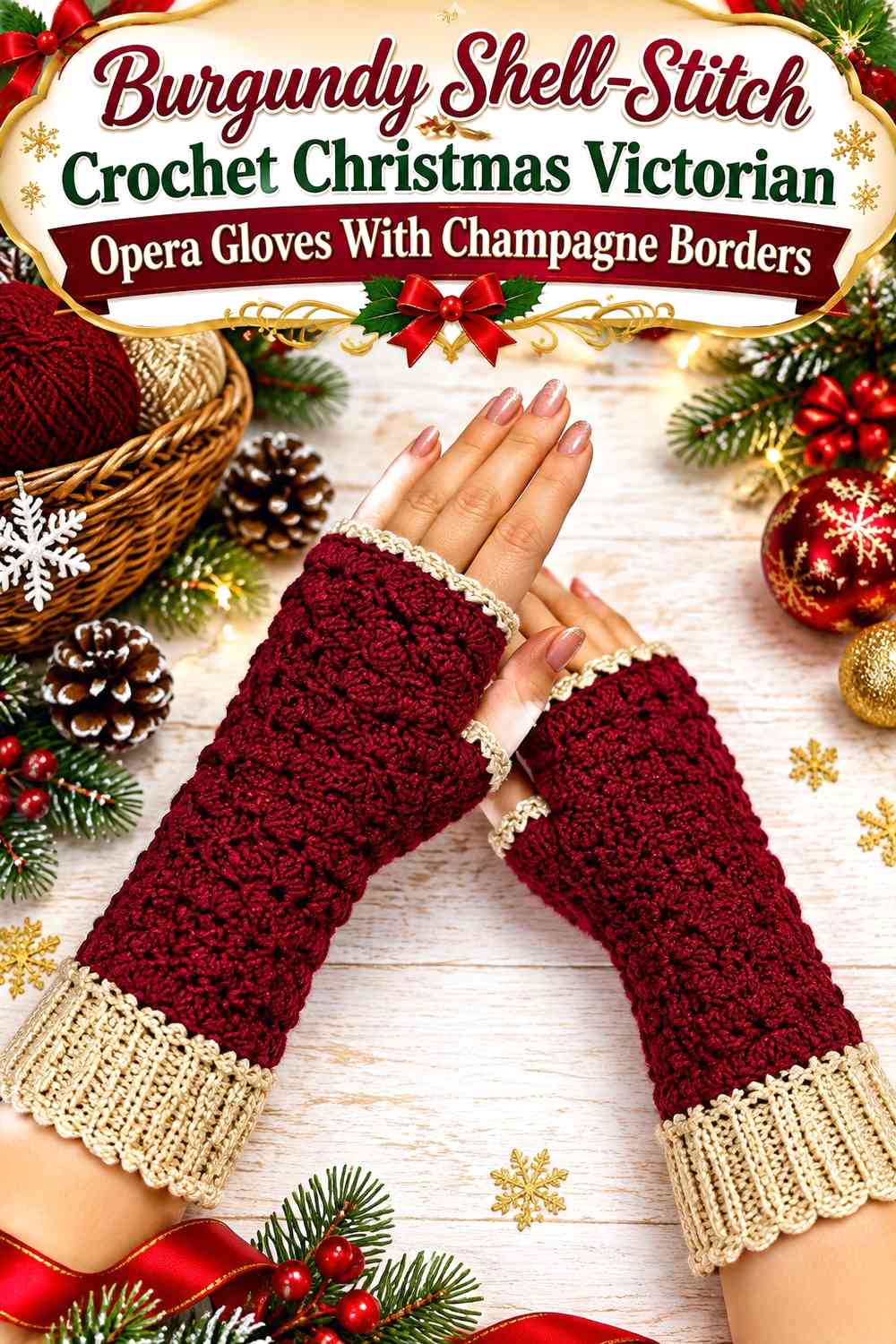 Burgundy Shell-Stitch Crochet Christmas Victorian Opera Gloves With Champagne Borders