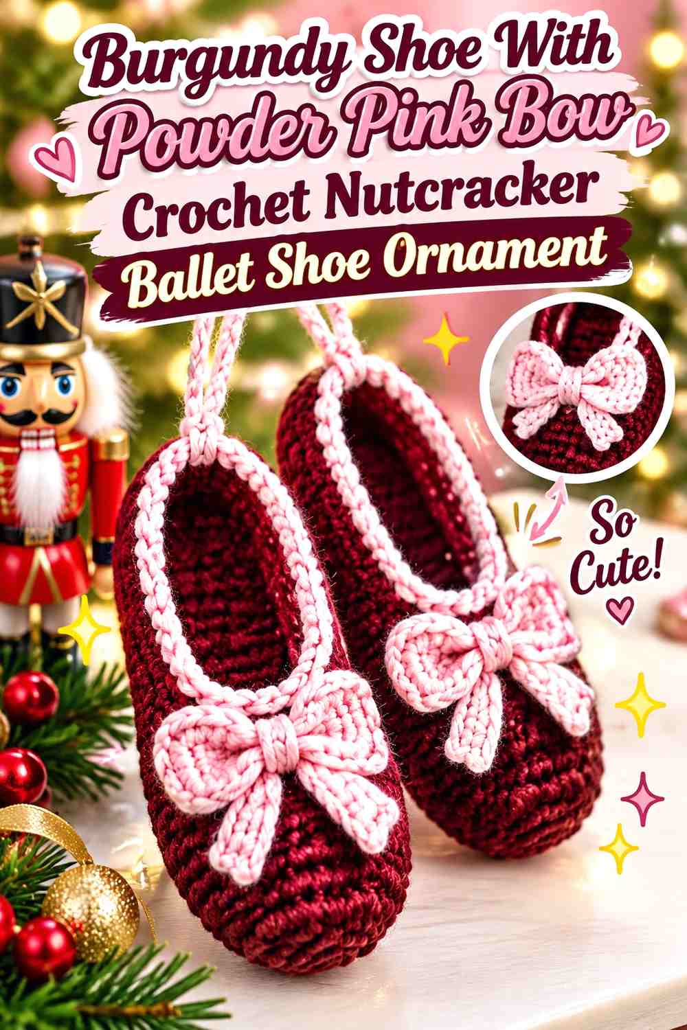 Burgundy Shoe With Powder Pink Bow Crochet Nutcracker Ballet Shoe Ornament