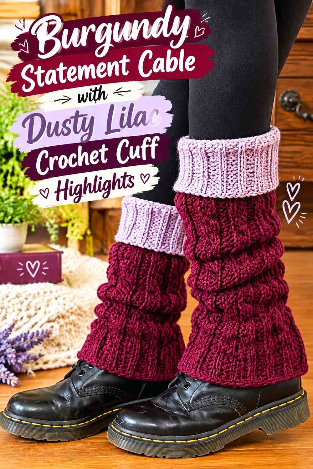 Burgundy Statement Cable with Dusty Lilac Crochet Cuff Highlights