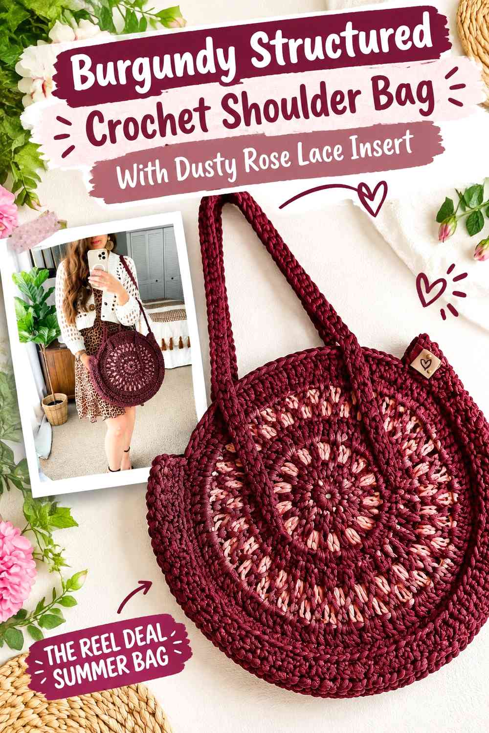 Burgundy Structured Crochet Shoulder Bag With Dusty Rose Lace Insert