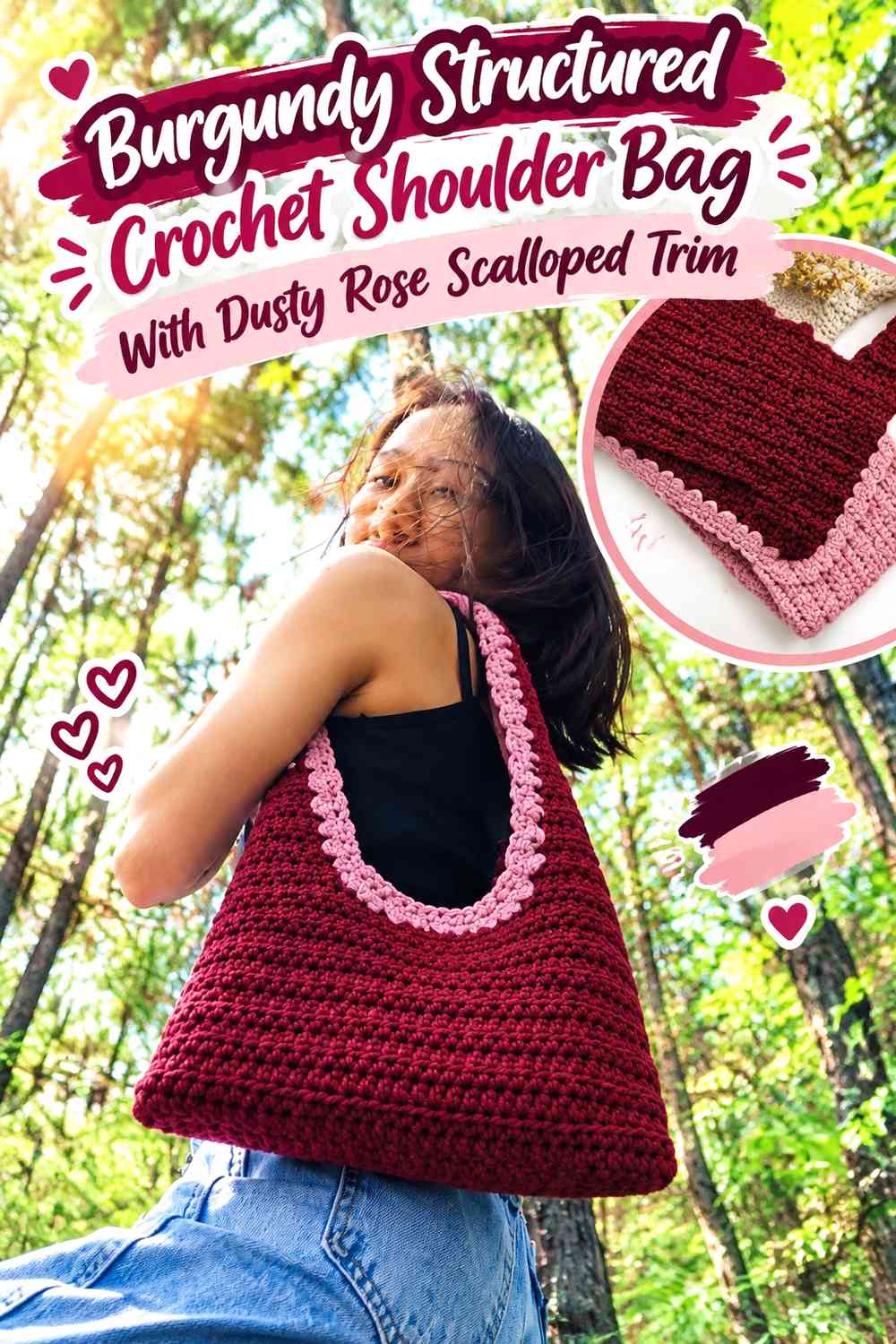 Burgundy Structured Crochet Shoulder Bag With Dusty Rose Scalloped Trim