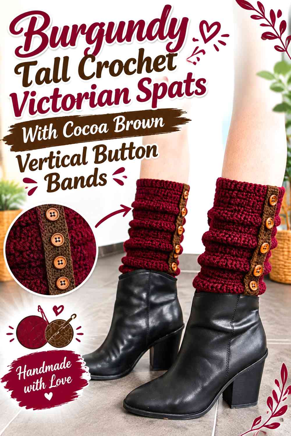 Burgundy Tall Crochet Victorian Spats With Cocoa Brown Vertical Button Bands