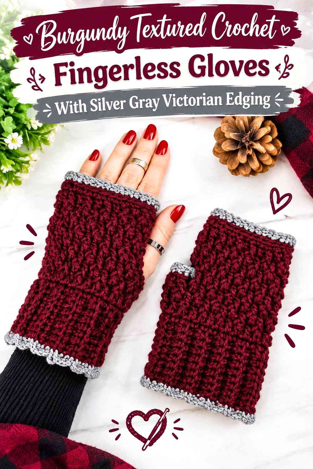 Burgundy Textured Crochet Fingerless Gloves With Silver Gray Victorian Edging
