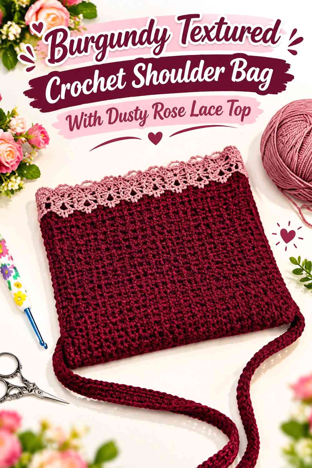 Burgundy Textured Crochet Shoulder Bag With Dusty Rose Lace Top