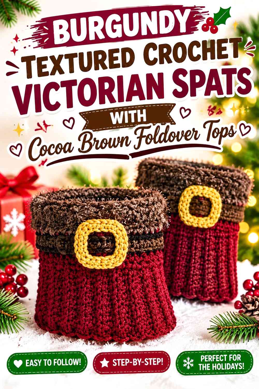 Burgundy Textured Crochet Victorian Spats With Cocoa Brown Foldover Tops