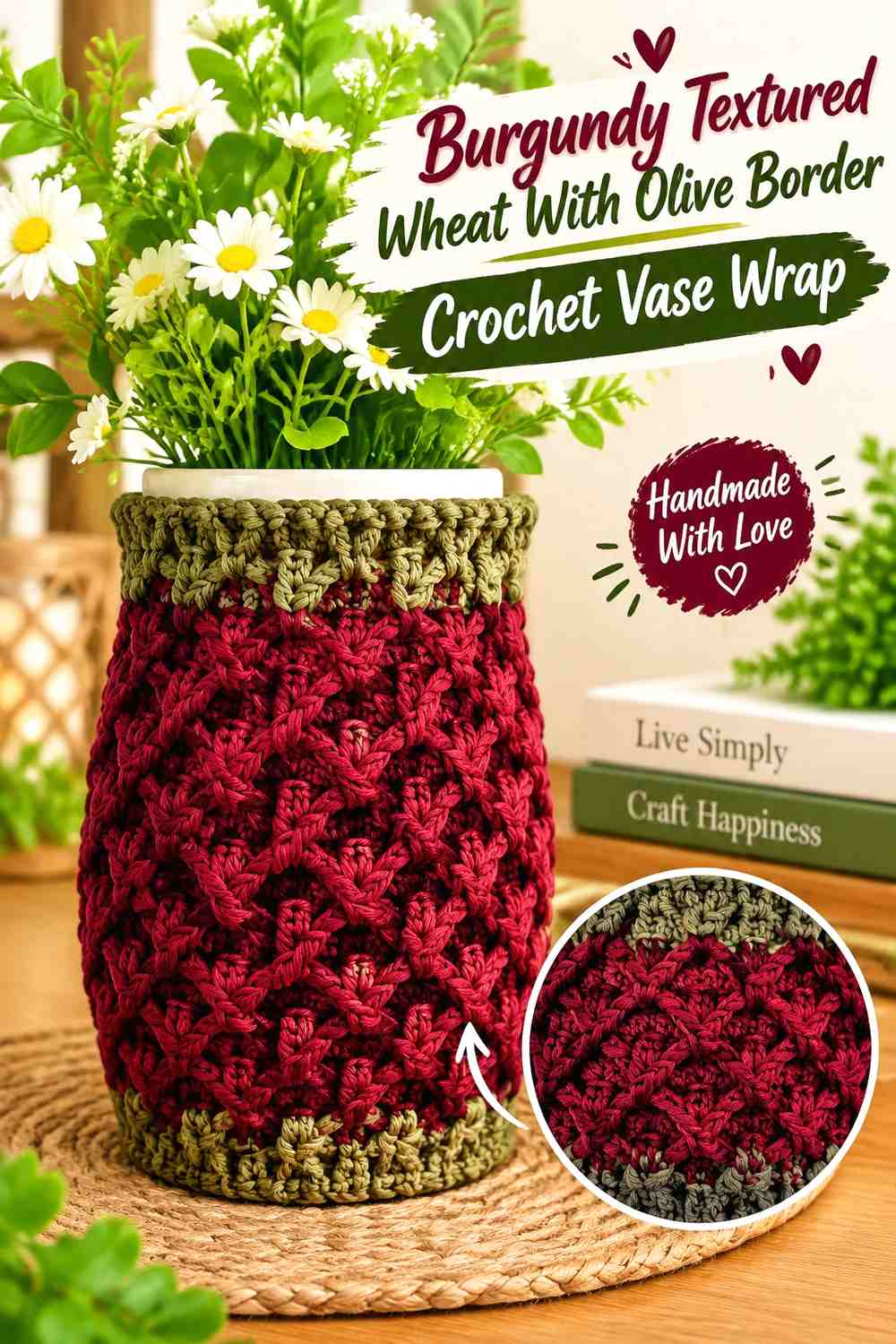 Burgundy Textured Wheat With Olive Border Crochet Vase Wrap