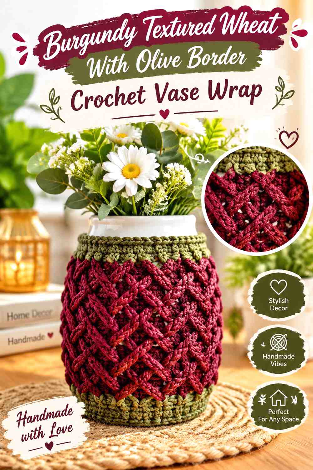 Burgundy Textured Wheat With Olive Border Crochet Vase Wrap