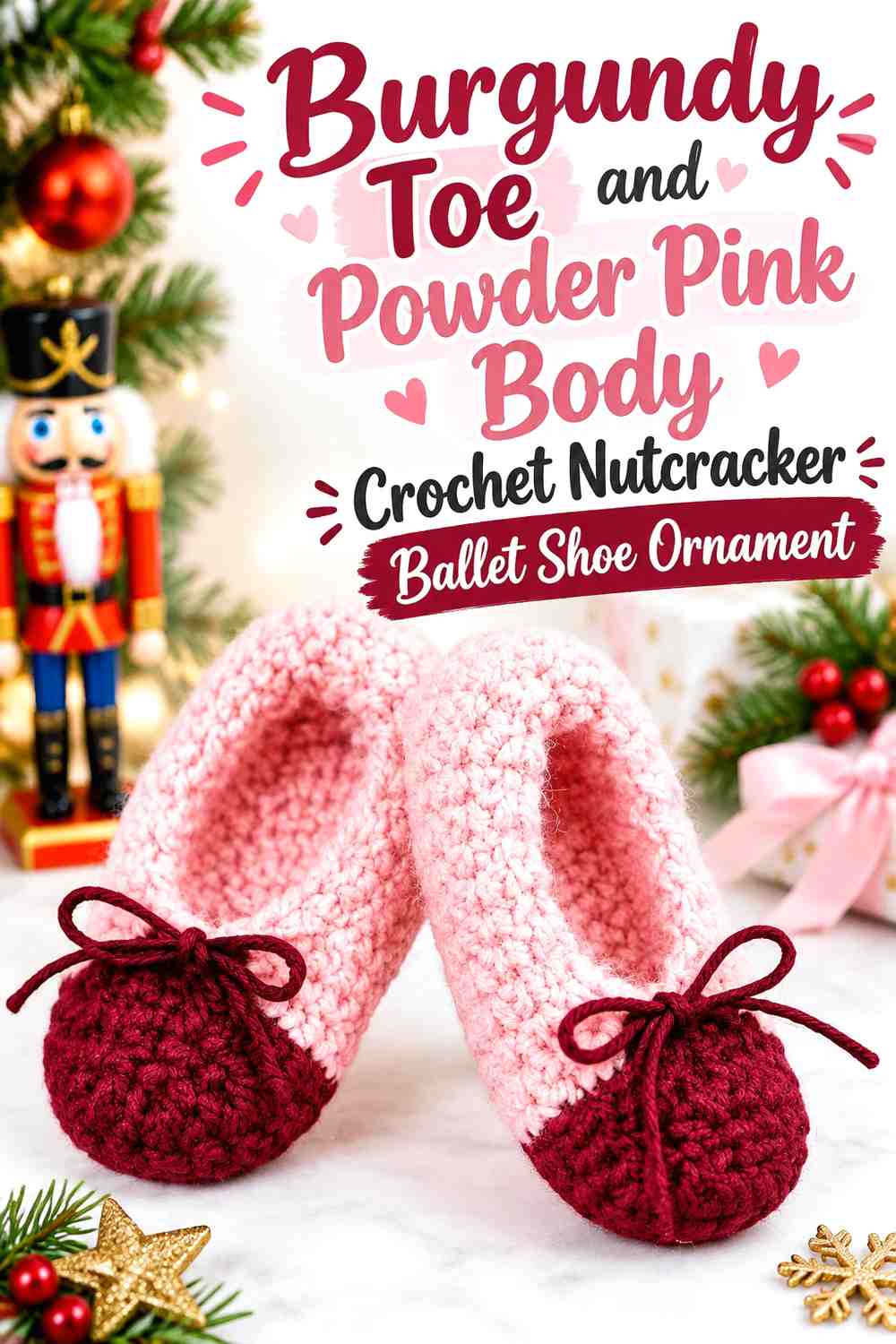 Burgundy Toe and Powder Pink Body Crochet Nutcracker Ballet Shoe Ornament