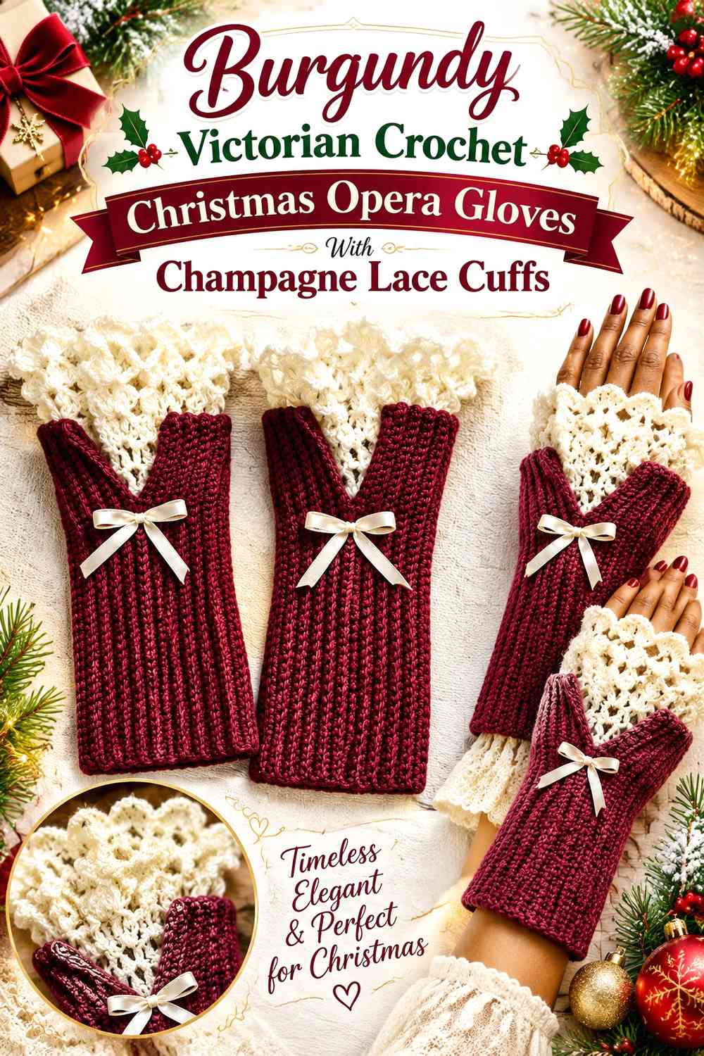 Burgundy Victorian Crochet Christmas Opera Gloves With Champagne Lace Cuffs