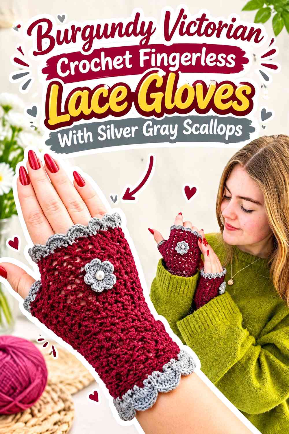 Burgundy Victorian Crochet Fingerless Lace Gloves With Silver Gray Scallops