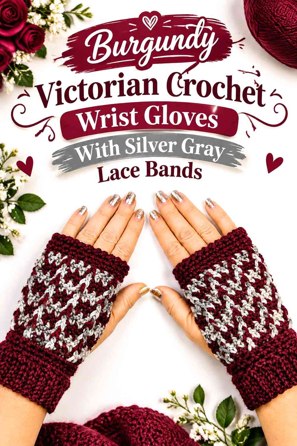 Burgundy Victorian Crochet Wrist Gloves With Silver Gray Lace Bands
