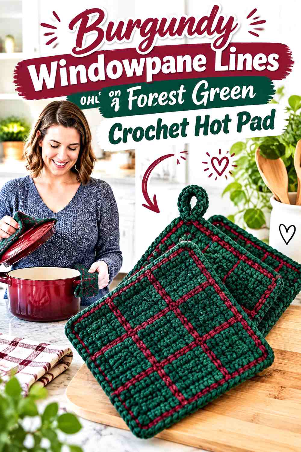Burgundy Windowpane Lines on a Forest Green Crochet Hot Pad