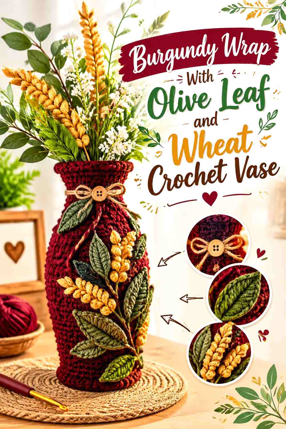 Burgundy Wrap With Olive Leaf and Wheat Crochet Vase