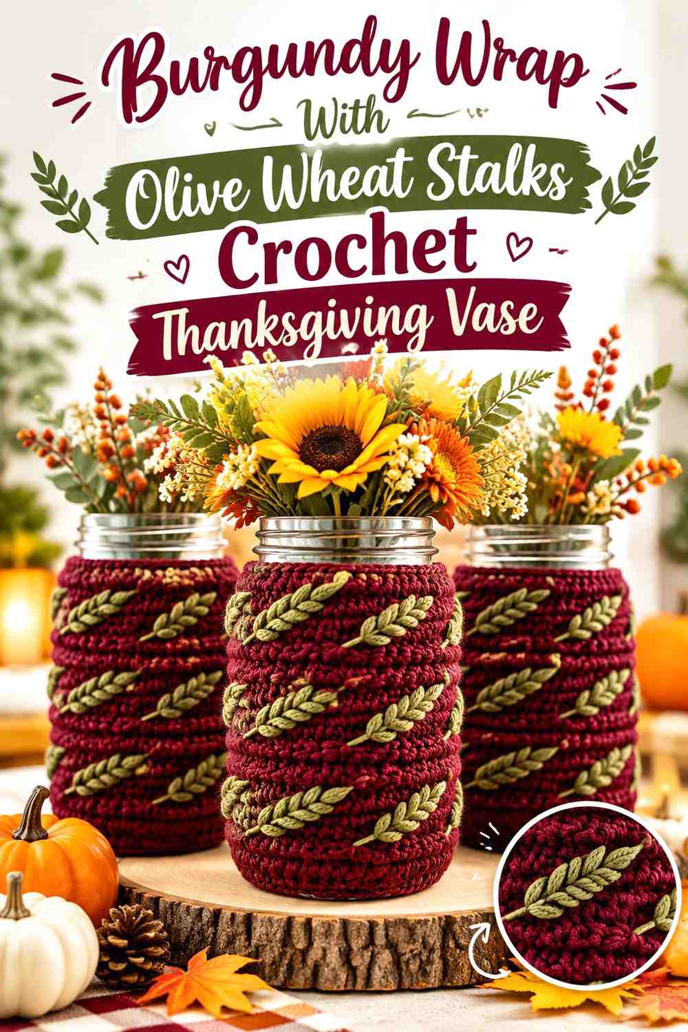Burgundy Wrap With Olive Wheat Stalks Crochet Thanksgiving Vase