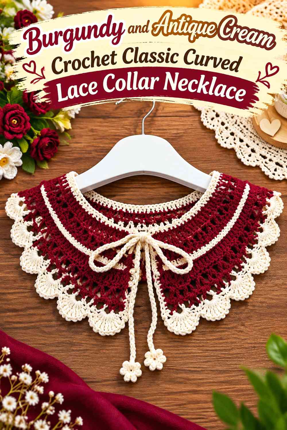 Burgundy and Antique Cream Crochet Classic Curved Lace Collar Necklace