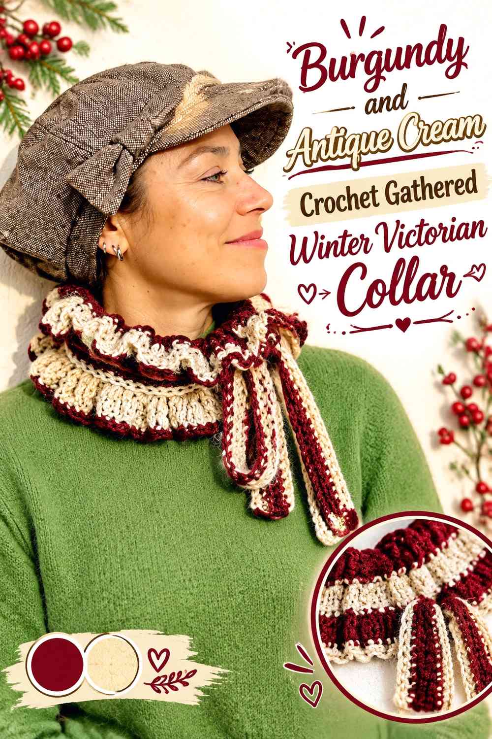 Burgundy and Antique Cream Crochet Gathered Winter Victorian Collar