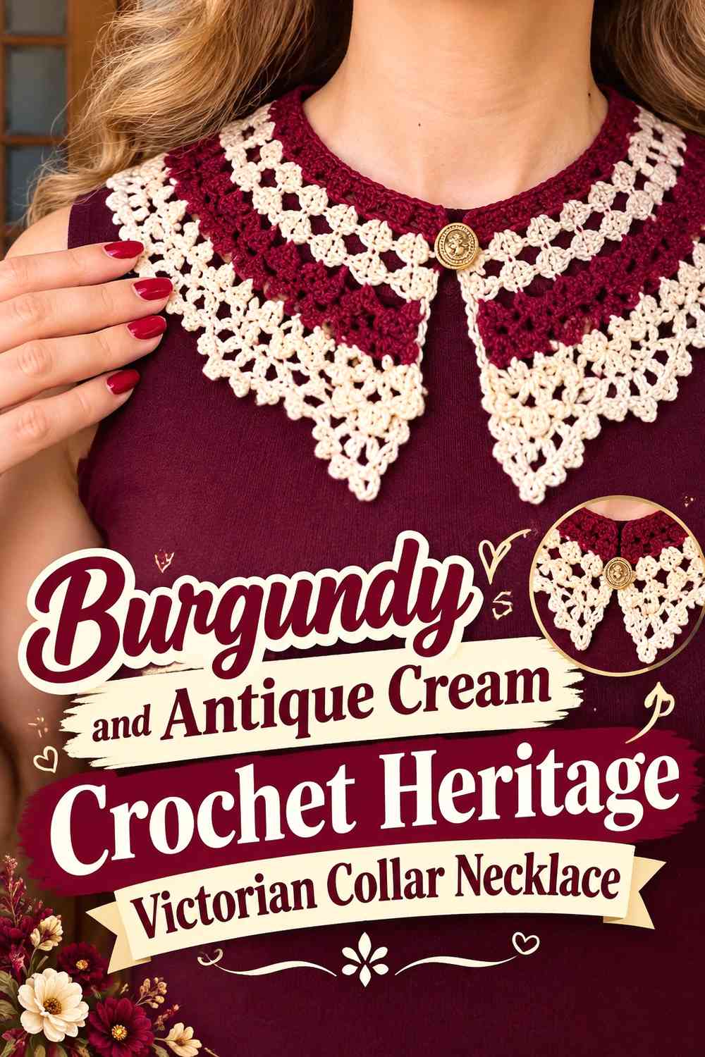 Burgundy and Antique Cream Crochet Heritage Victorian Collar Necklace