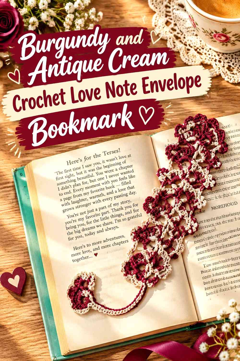 Burgundy and Antique Cream Crochet Love Note Envelope Bookmark
