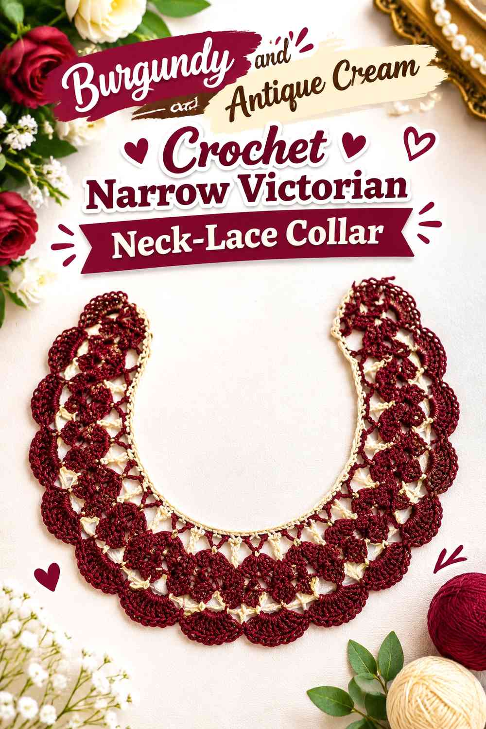 Burgundy and Antique Cream Crochet Narrow Victorian Neck-Lace Collar
