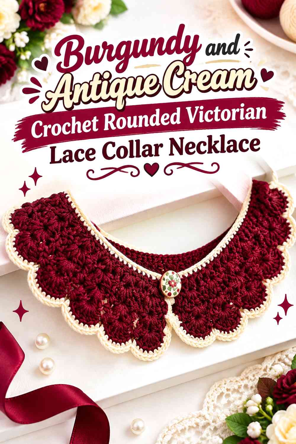 Burgundy and Antique Cream Crochet Rounded Victorian Lace Collar Necklace
