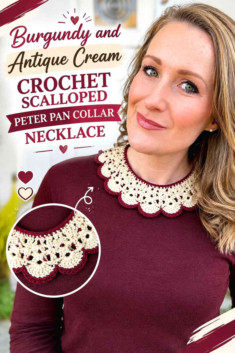Burgundy and Antique Cream Crochet Scalloped Peter Pan Collar Necklace