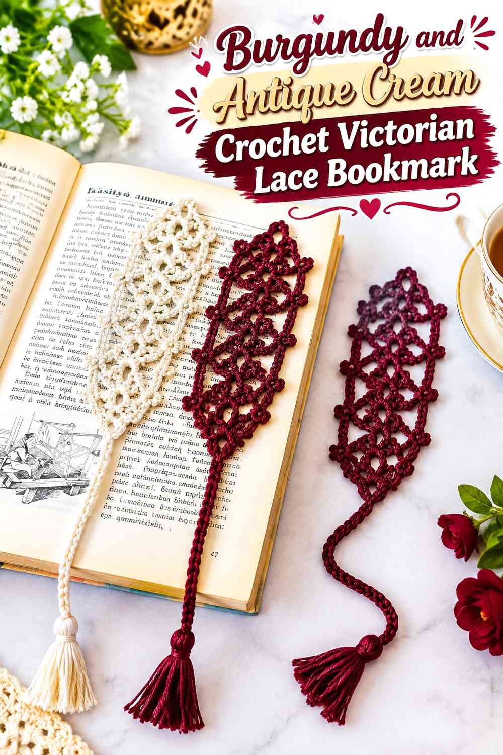Burgundy and Antique Cream Crochet Victorian Lace Bookmark
