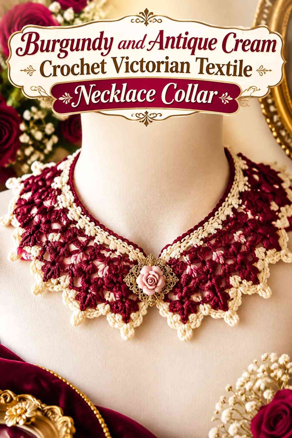 Burgundy and Antique Cream Crochet Victorian Textile Necklace Collar