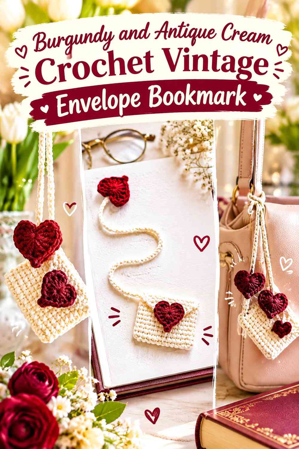 Burgundy and Antique Cream Crochet Vintage Envelope Bookmark