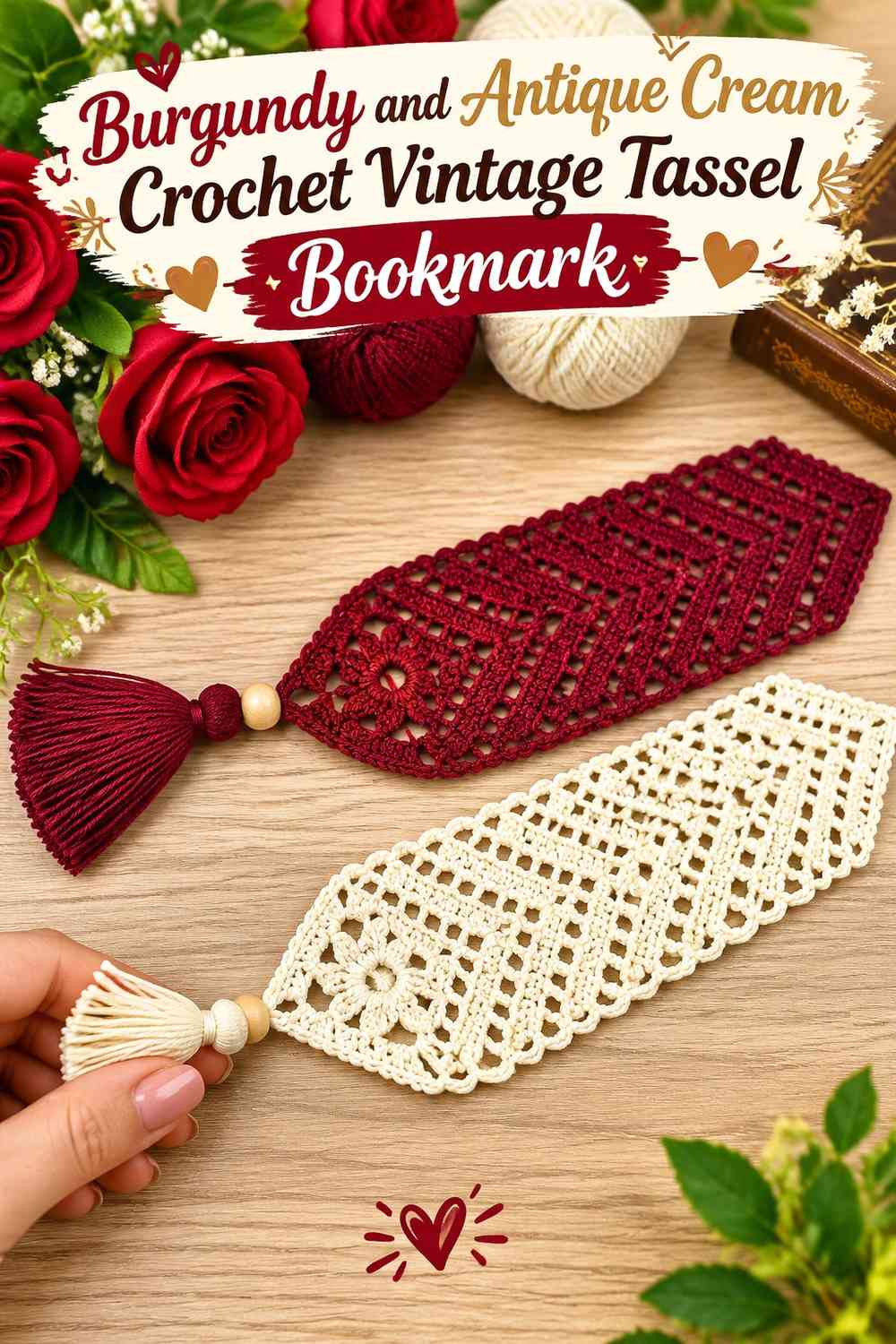 Burgundy and Antique Cream Crochet Vintage Tassel Bookmark