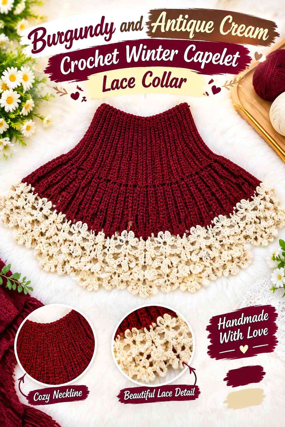 Burgundy and Antique Cream Crochet Winter Capelet Lace Collar