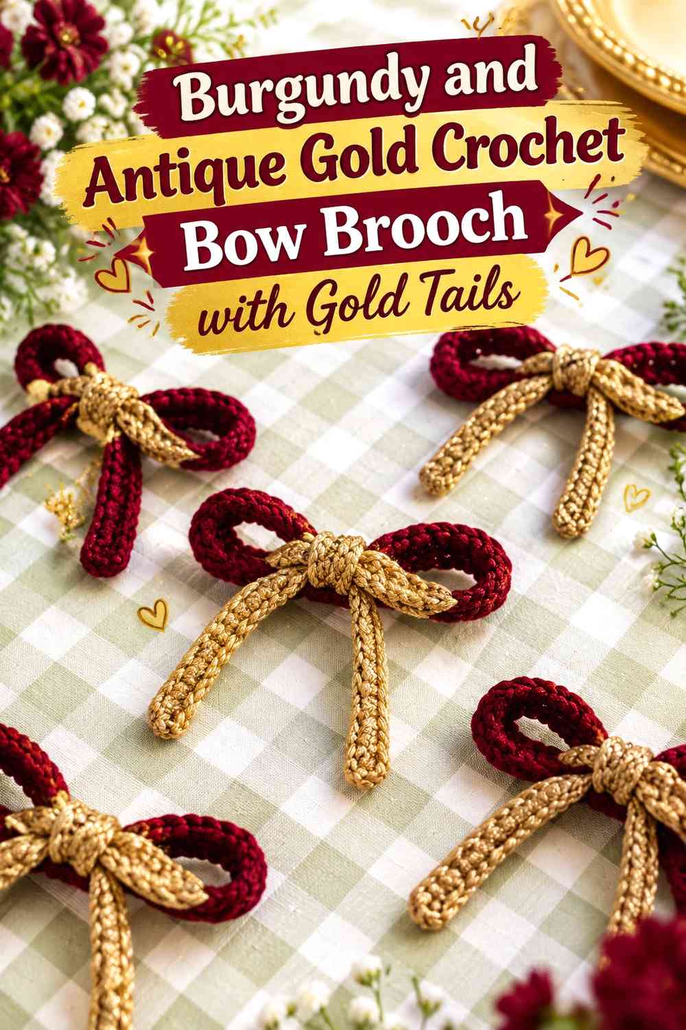 Burgundy and Antique Gold Crochet Bow Brooch with Gold Tails