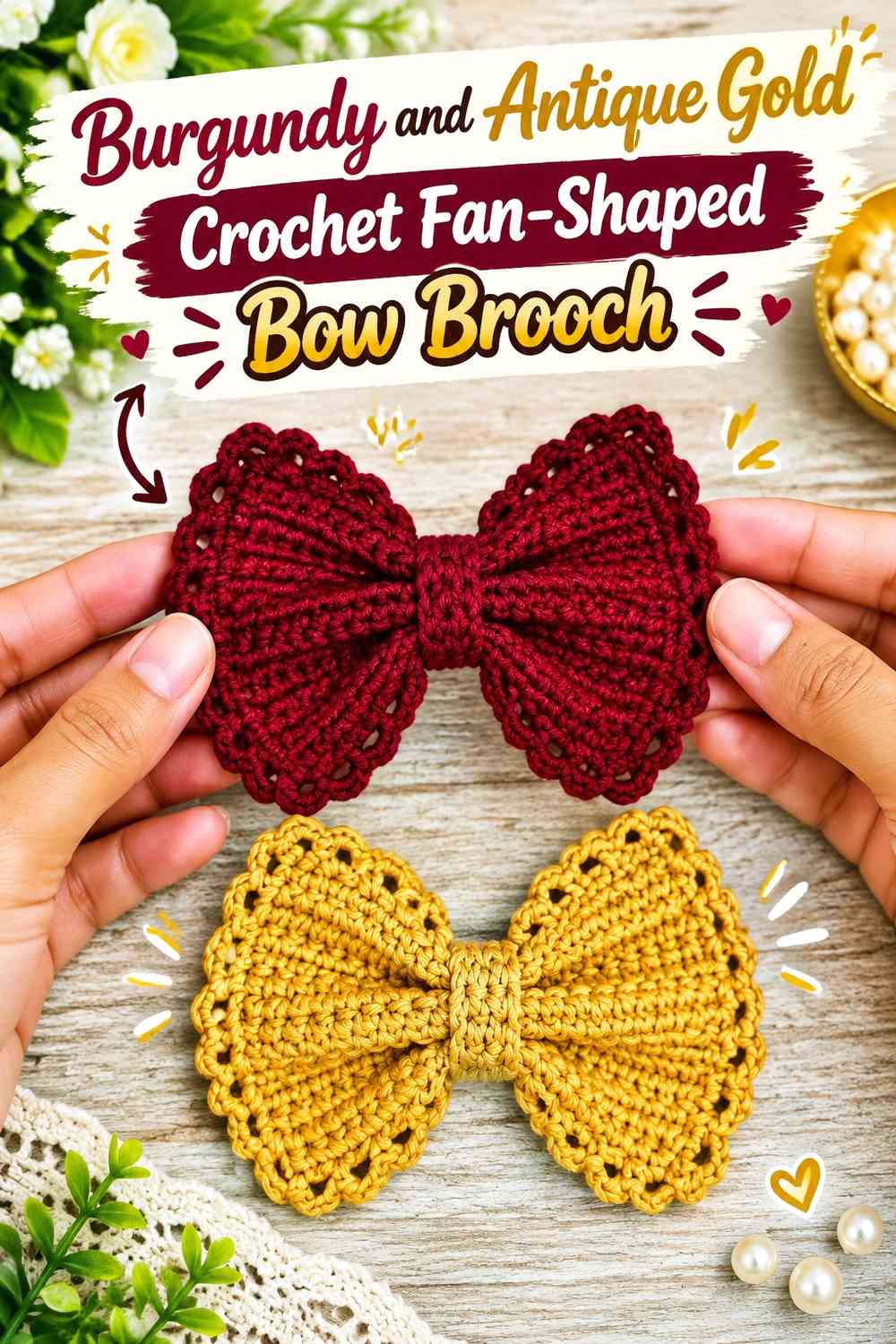Burgundy and Antique Gold Crochet Fan-Shaped Bow Brooch