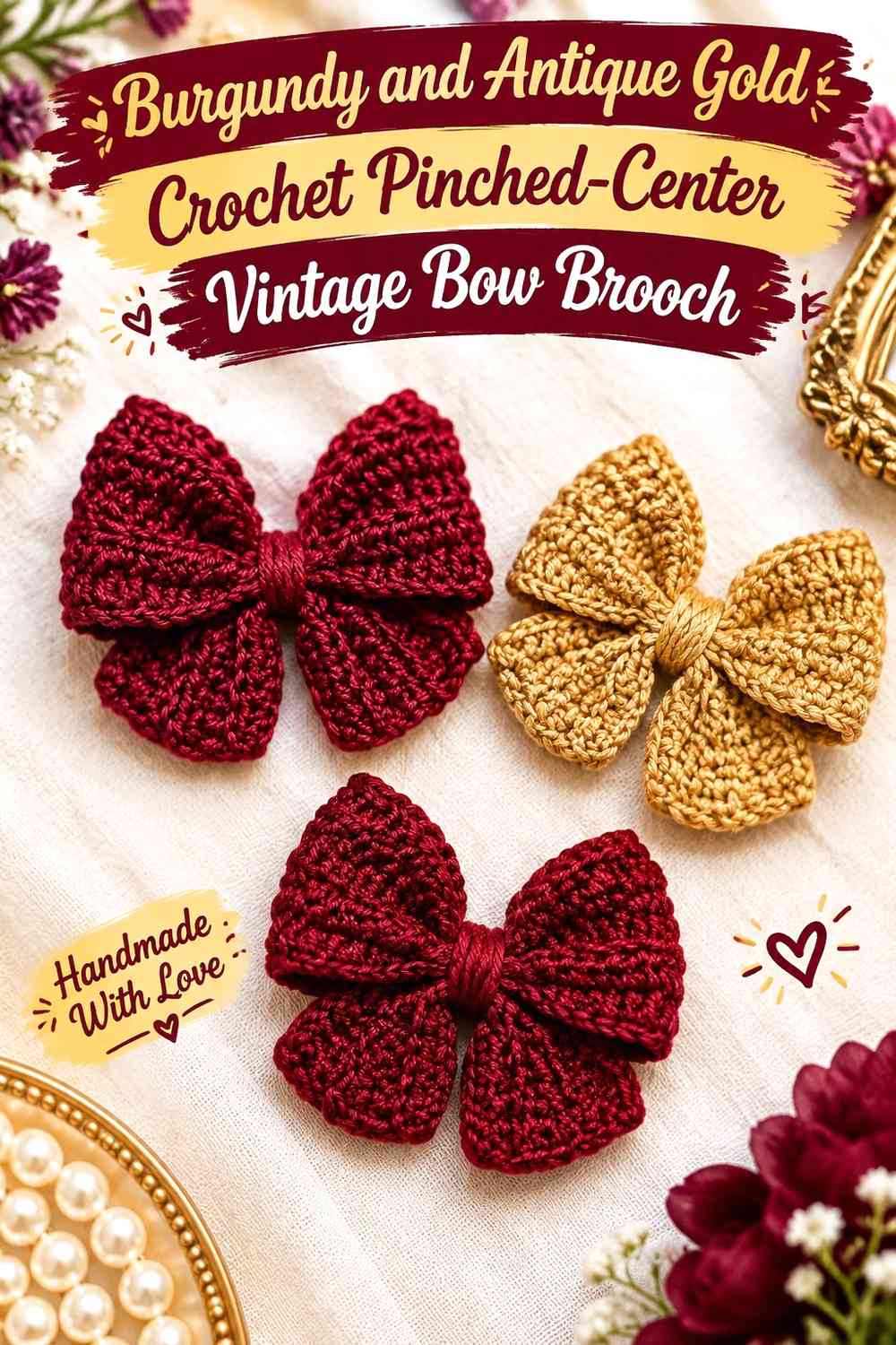 Burgundy and Antique Gold Crochet Pinched-Center Vintage Bow Brooch