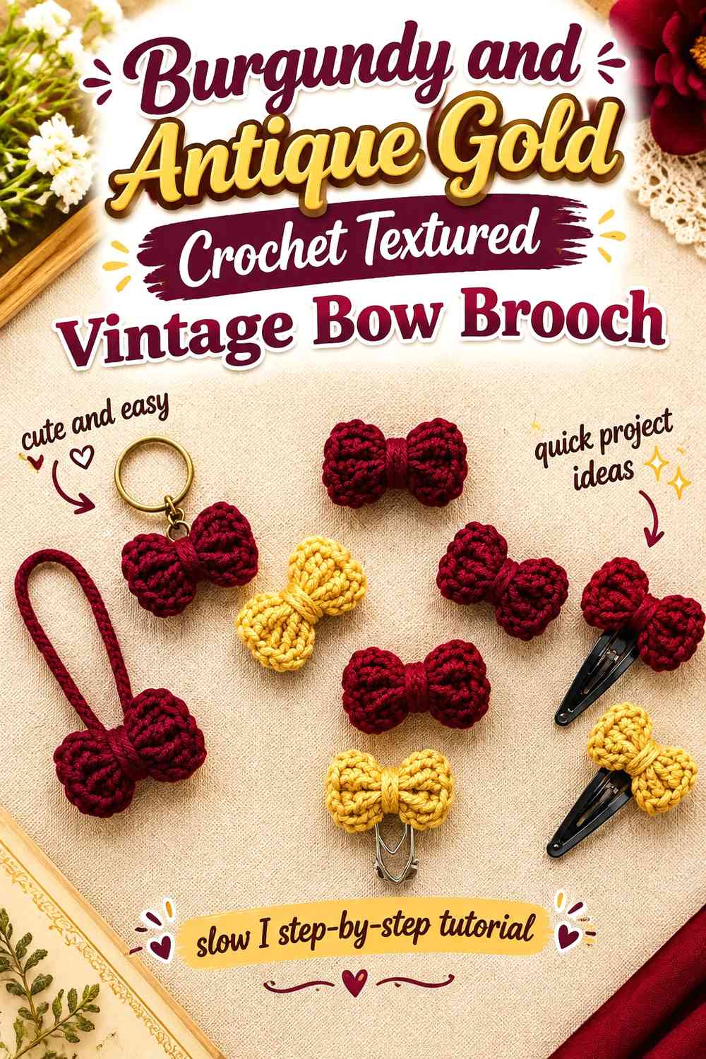 Burgundy and Antique Gold Crochet Textured Vintage Bow Brooch