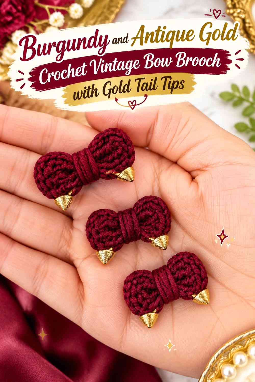 Burgundy and Antique Gold Crochet Vintage Bow Brooch with Gold Tail Tips