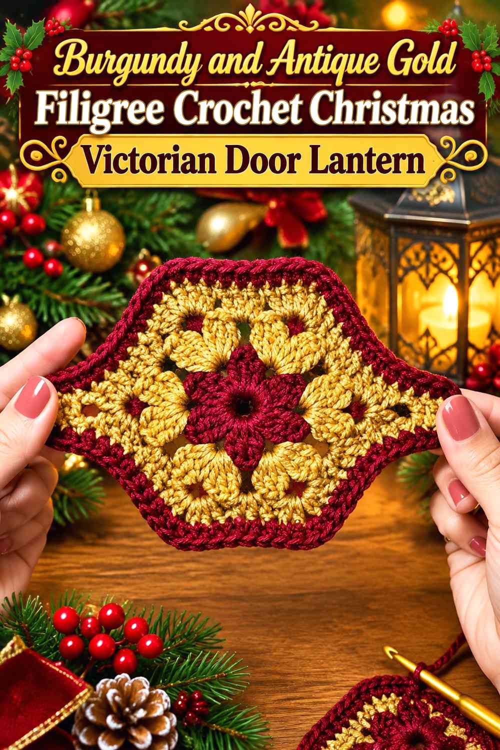 Burgundy and Antique Gold Filigree Crochet Christmas Victorian Door Lantern